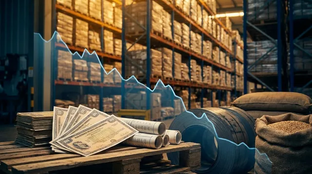 A close-up shot of a large industrial warehouse or wholesale distribution facility with towering shelves of goods, overlaid with a translucent downward-trending graph line in cool blue tones.