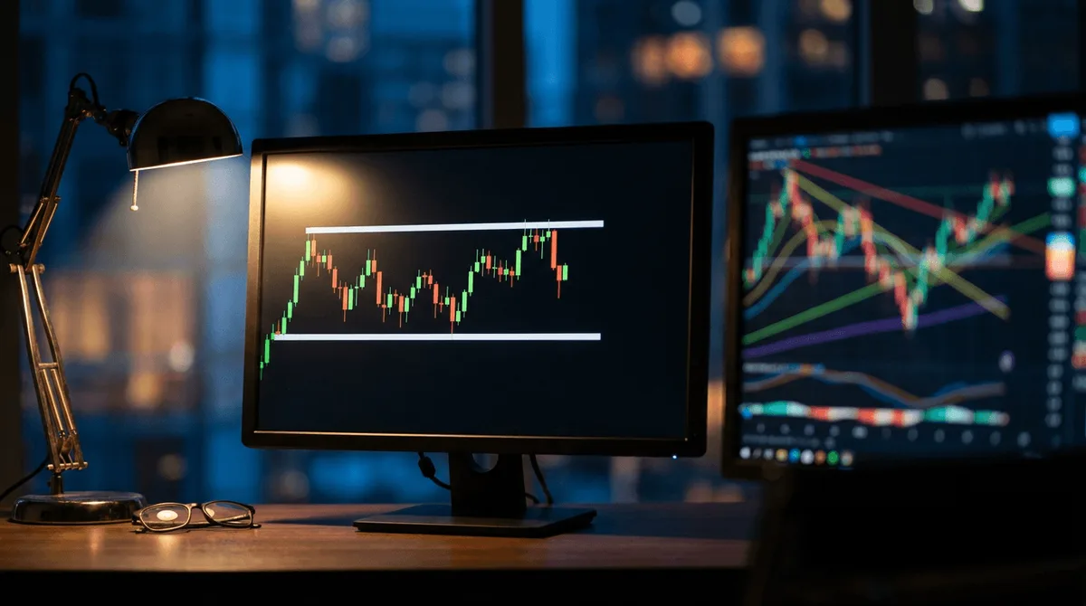 A clean, minimalist trading chart displayed on a dark screen shows only raw candlestick patterns in sharp green and red, with bold horizontal support and resistance lines drawn across key price levels — completely free of any indicator clut
