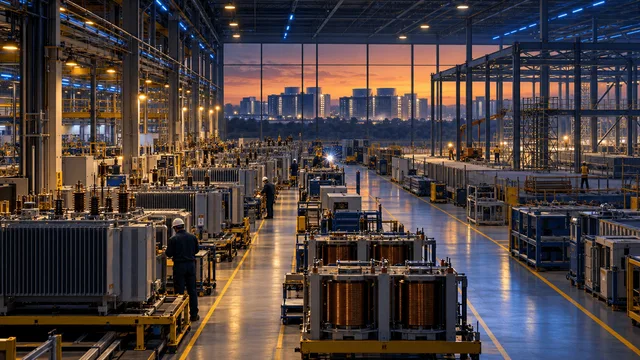 Elevated view of a power-electronics manufacturing plant with transformer units on production lines, an expansion bay under construction, and a distant skyline of data centers visible through the windows at dusk.