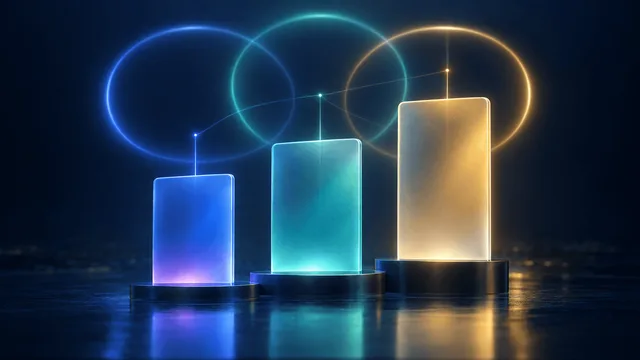 Three glowing translucent panels of increasing height, lit in gradient blue-to-amber tones, float above a dark reflective surface with faint interconnected rings of light in the background, representing tiered subscription levels.