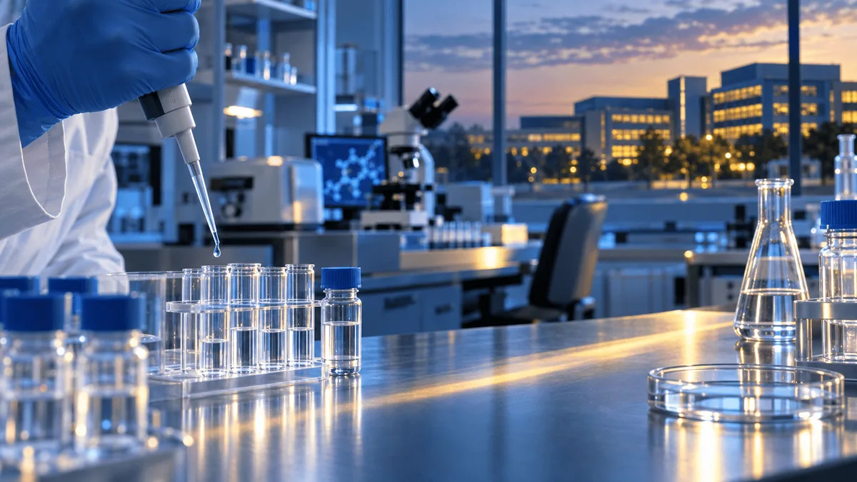 A pharmaceutical lab scene with a pipette dispensing liquid into test tubes on a steel counter, with soft-focus lab equipment and a corporate skyline glowing at dusk in the background.