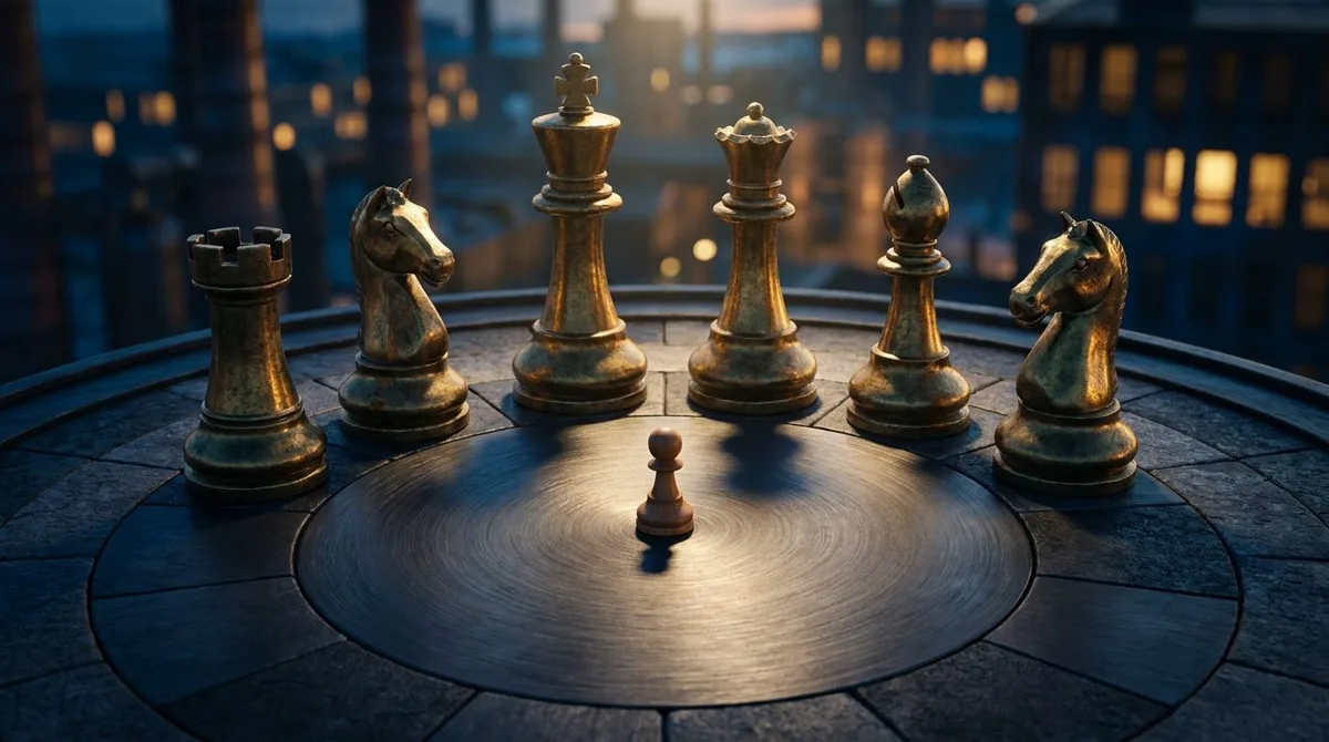 A dramatic aerial view of a massive chess board where giant golden chess pieces (representing institutional players) tower over a single small pawn in the center, illuminated by a stark spotlight. The contrast in scale creates an immediate visual tension, with the lone pawn casting a long shadow that hints at hidden potential despite being surrounded. Dark, moody lighting with gold and shadow tones reinforces the theme of power imbalance in financial markets.
