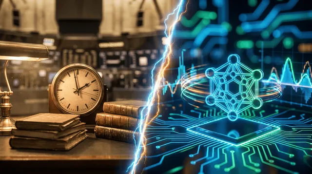 A split-screen composition shows a traditional stock exchange trading floor with classic analog clocks frozen at closing time on one side, contrasted against a glowing, electric cryptocurrency symbol surrounded by dynamic price charts on th