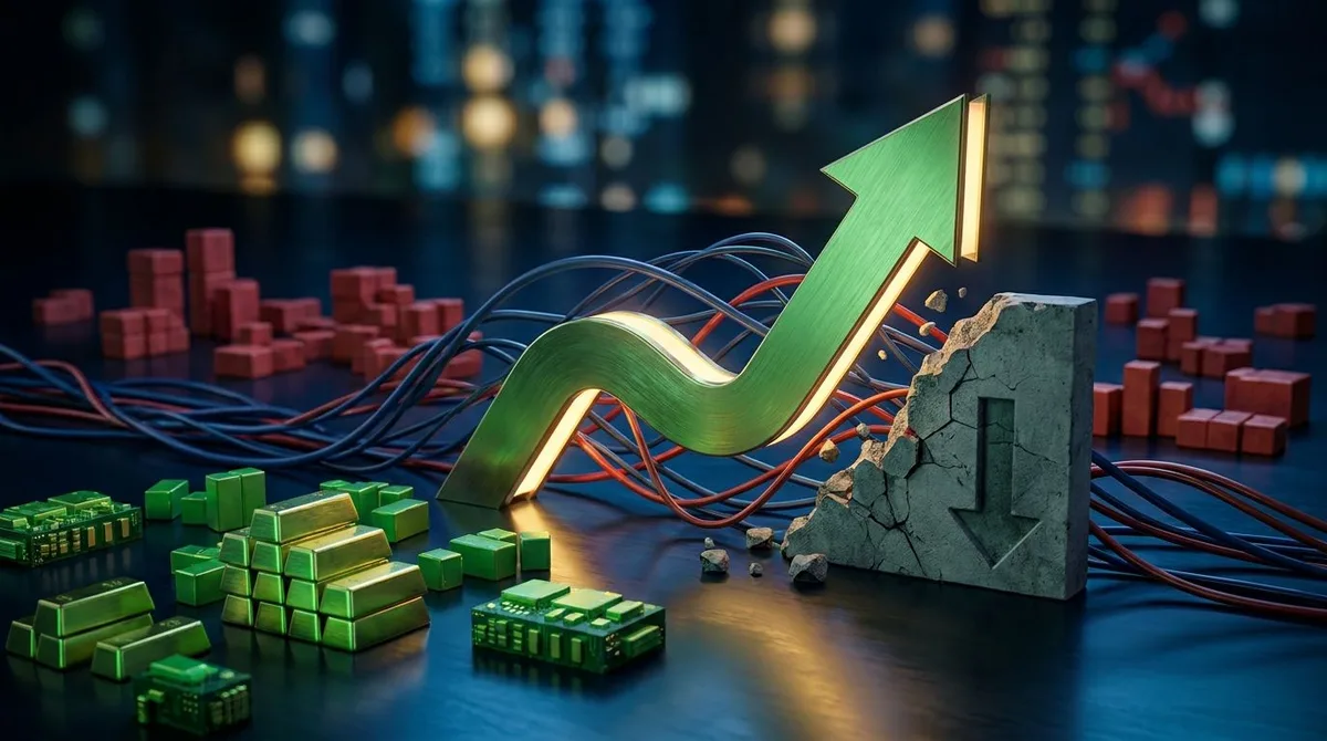 A bold stock chart line surges dramatically upward against a dark background, breaking through a downward trend with a sharp, decisive green arrow or curve.