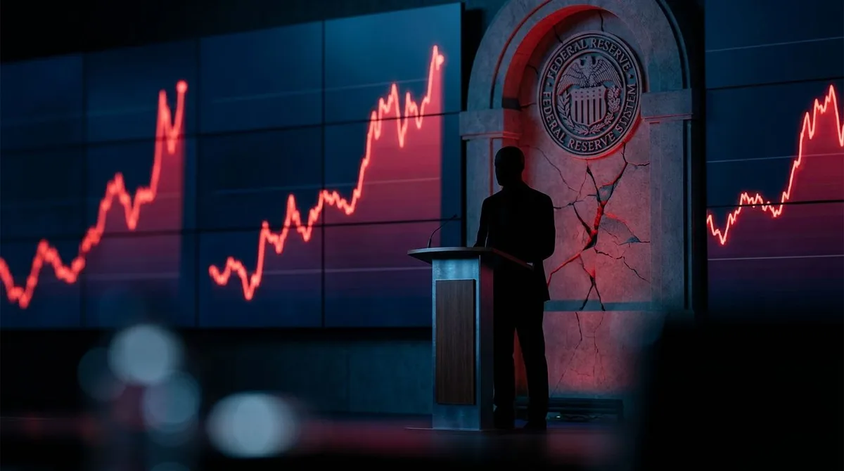 A stern, shadowy figure stands at a podium before a massive wall of fluctuating bond yield charts, with red upward-spiking lines dominating the display.