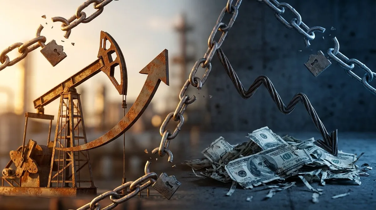 A dramatic split-screen visual showing an oil barrel or pump jack on one side bathed in golden upward-trending light with a bold "$126" price surge arrow, while the other side shows a crumbling stack of dollar bills or a downward-plunging f
