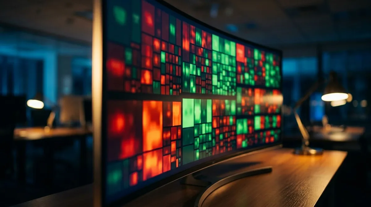 A large digital screen or monitor displays a glowing grid of color-coded blocks in vivid shades of red and green, arranged in clusters representing different market sectors, with larger blocks dominating the foreground and smaller ones rece