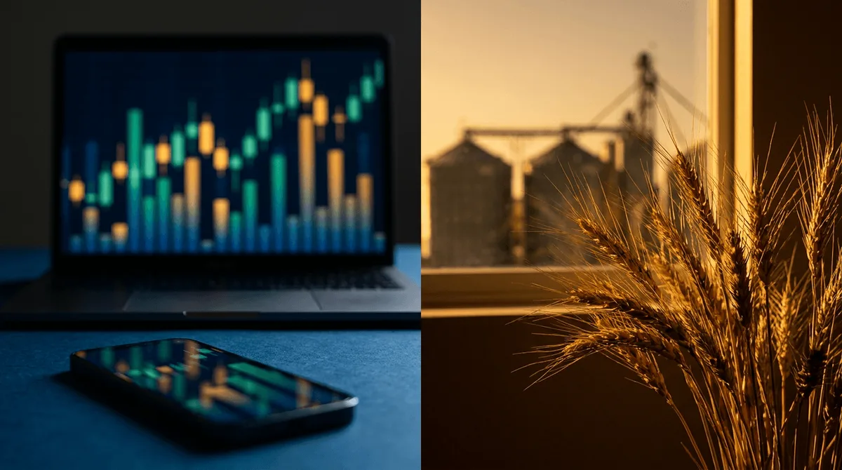 A split-screen style composition showing a sleek trading dashboard with colorful bar charts and candlestick graphs glowing on a dark monitor, alongside commodity elements like golden wheat stalks or grain silos in the background.