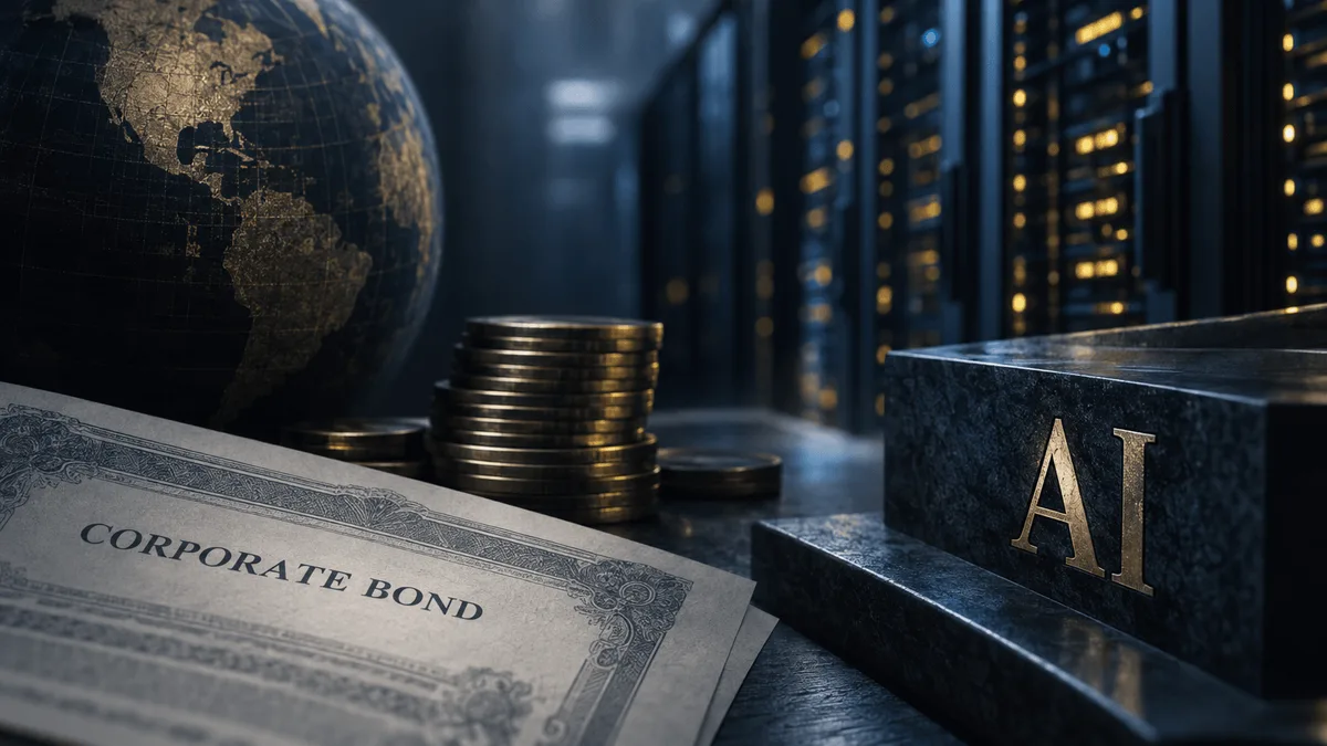 A subdued financial-market scene combines bond-market paperwork with softly lit data-center infrastructure.