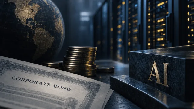 A subdued financial-market scene combines bond-market paperwork with softly lit data-center infrastructure.