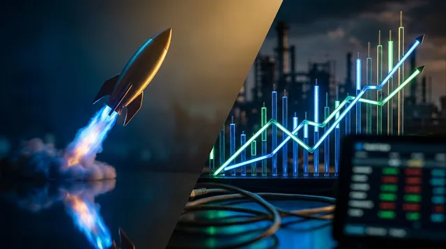 A dynamic split composition showing a rocket launching upward on one side, with glowing stock market charts and candlestick graphs trending sharply higher on the other, all bathed in electric blue and green light against a dark background.