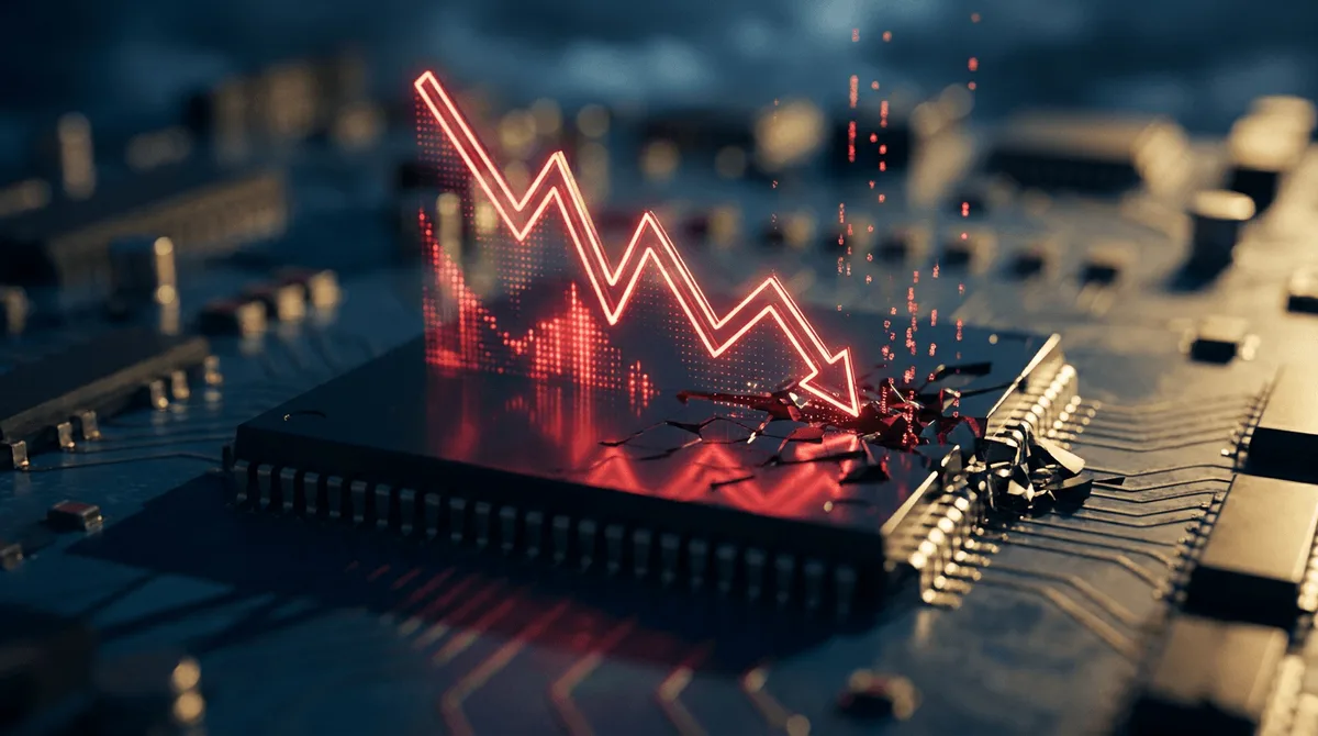 A dramatic downward-trending stock chart rendered in glowing red fills the frame, with a stylized semiconductor microchip at its center appearing to crack or shatter under pressure.