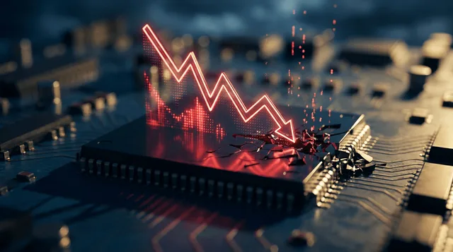 A dramatic downward-trending stock chart rendered in glowing red fills the frame, with a stylized semiconductor microchip at its center appearing to crack or shatter under pressure.