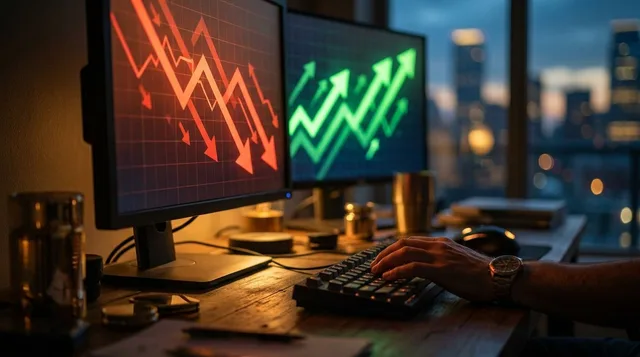 A trader sits alone at a desk, head slightly bowed, with one hand resting on a keyboard and a red downward chart visible on the monitor — conveying the weight of a recent loss. A second, glowing green chart setup appears on an adjacent screen, slightly out of focus, symbolizing the missed opportunity caused by hesitation. The contrast between the dim, heavy atmosphere around the trader and the bright potential of the new setup captures the psychological self-punishment at the heart of the articl