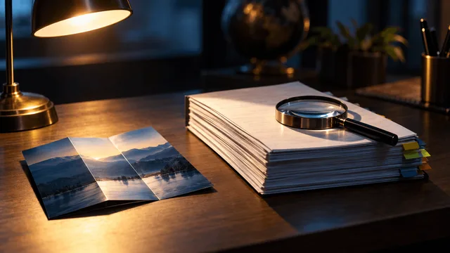 Two neat stacks of paper on a plain wooden desk: a thin, glossy tri-fold brochure beside a thick, plain-bound document fat with tabbed pages.