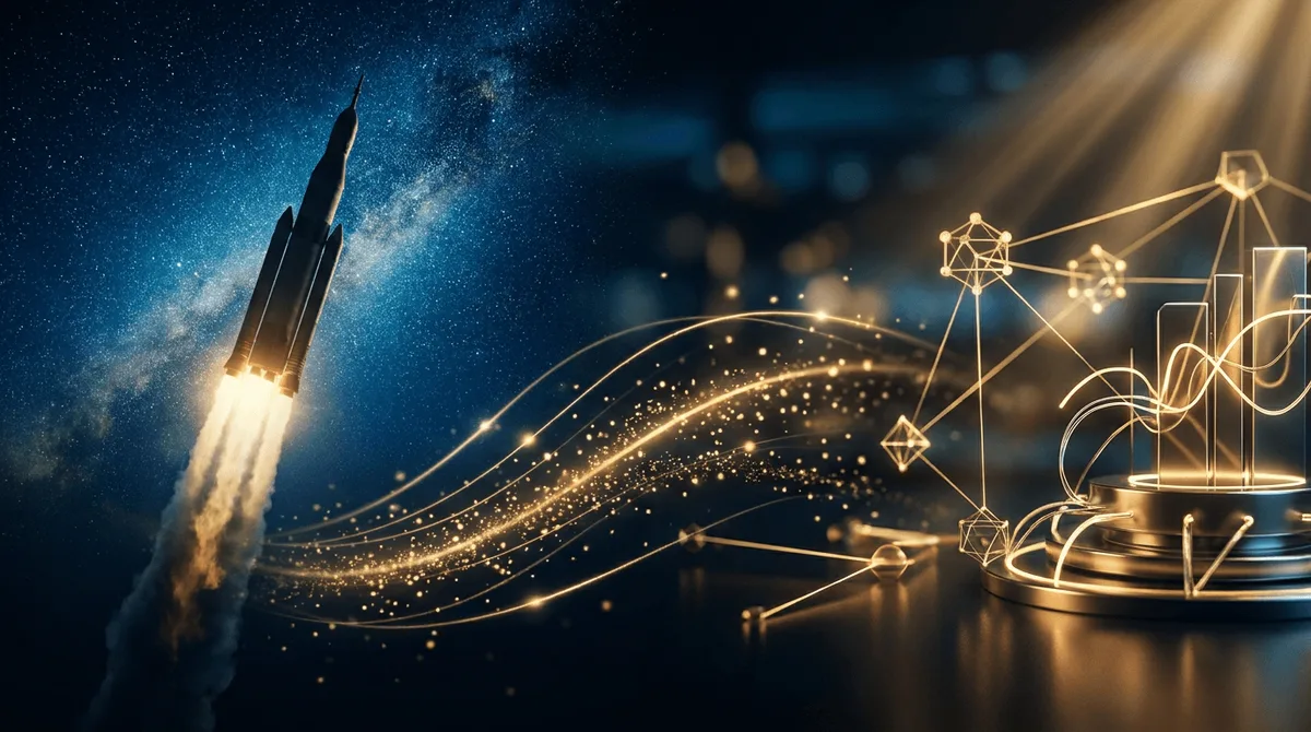 A dramatic split composition showing the iconic SpaceX Falcon 9 rocket launching into a starlit sky on one side, with a glowing cryptocurrency trading interface and blockchain network nodes on the other side.