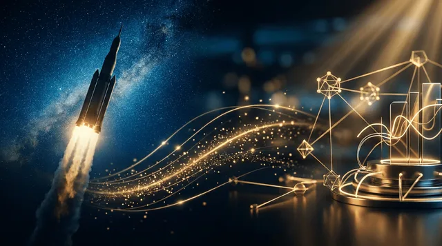 A dramatic split composition showing the iconic SpaceX Falcon 9 rocket launching into a starlit sky on one side, with a glowing cryptocurrency trading interface and blockchain network nodes on the other side.