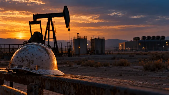 A pump jack silhouette stands against a hazy desert sky at dusk, its steel beam frozen mid-stroke beside a cluster of weathered storage tanks.
