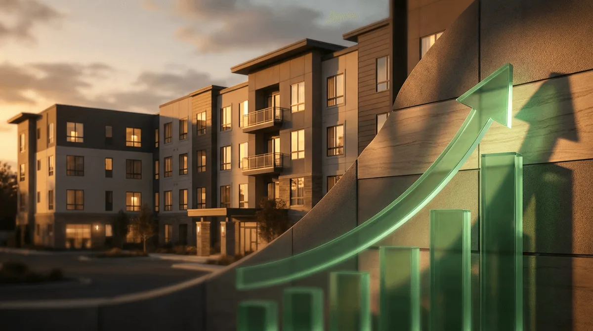 A modern senior living community building with clean architectural lines is shown at golden hour, its warm-lit windows suggesting comfortable occupancy and stability.