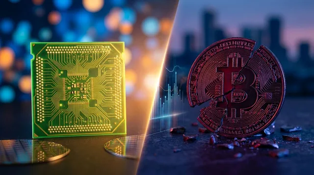 A split-screen composition showing a glowing green semiconductor chip or circuit board on one side, representing Marvell's explosive surge and AI-driven equity gains, contrasted against a crumbling or falling Bitcoin coin rendered in deep r