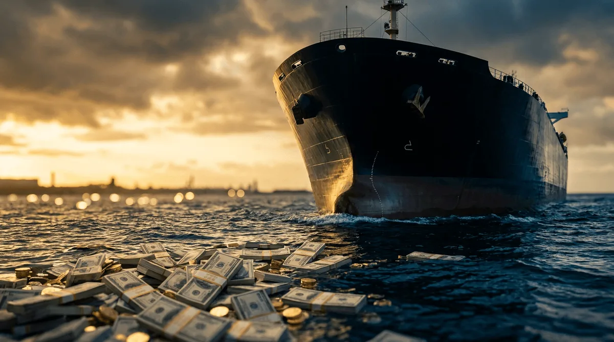 A massive black oil supertanker cuts through deep blue ocean waters, shot from a dramatic low angle that emphasizes its enormous scale against a stormy, golden-lit sky.