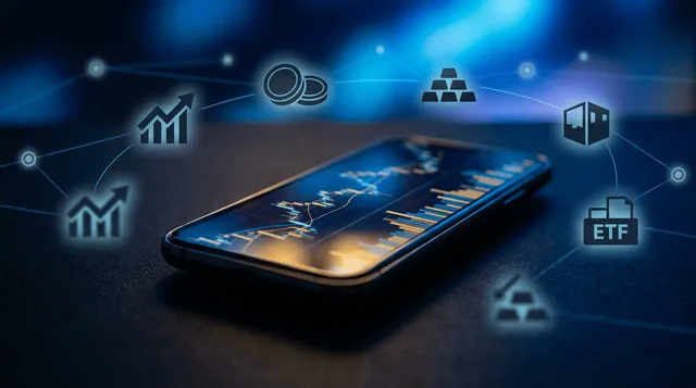 A sleek smartphone displaying colorful stock charts and portfolio graphs sits at the center, surrounded by floating icons representing diverse asset classes — stocks, bonds, crypto coins, and ETF symbols.