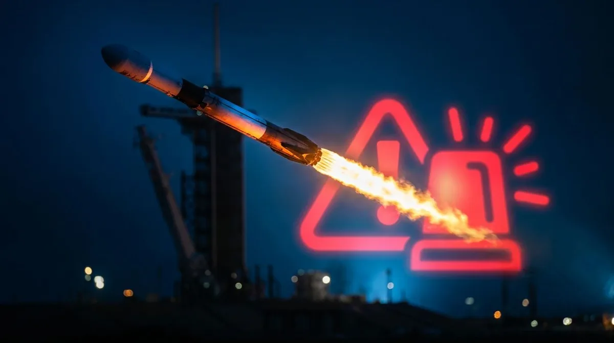A SpaceX Falcon 9 rocket launches dramatically against a dark sky, trailing a brilliant cone of fire and smoke, with a bold stock chart or price tag graphic superimposed — one arrow pointing skyward alongside a glaring "OVERVALUED" red warn
