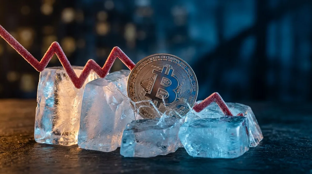 A dramatic downward-trending stock chart rendered in red fills the frame, with a prominent Coinbase logo or coin symbol visibly sinking or falling through the chart line.