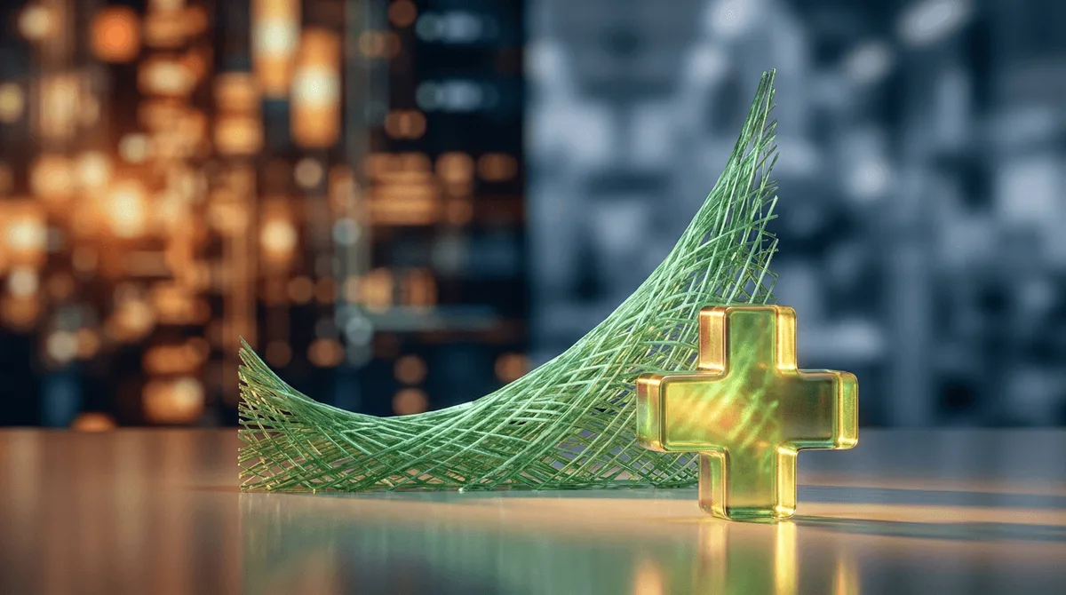 A dynamic upward-trending stock chart rendered in bold greens fills the frame, with a prominent medical cross or healthcare symbol glowing in the foreground, symbolizing the sector leading the rally.