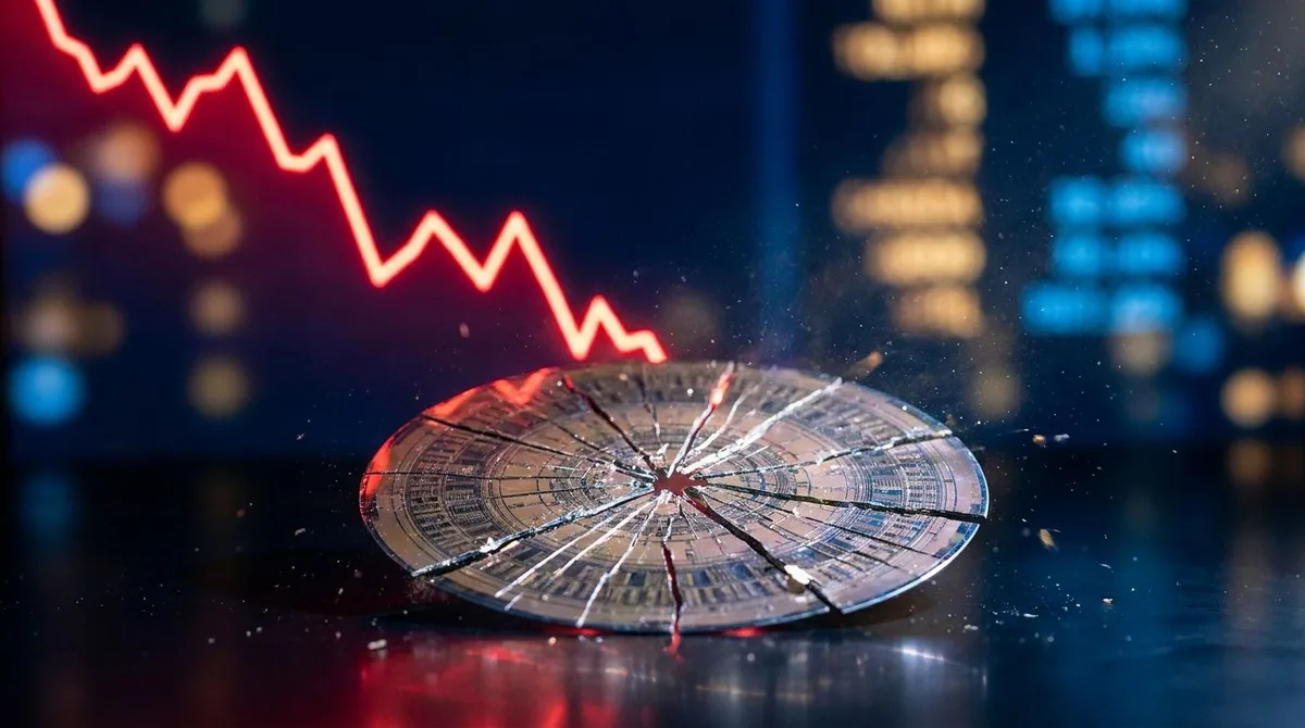 A dramatic downward-trending stock chart rendered in glowing red fills the frame, with a silicon microchip or semiconductor wafer prominently positioned in the foreground, cracking or shattering to symbolize the chip sell-off.