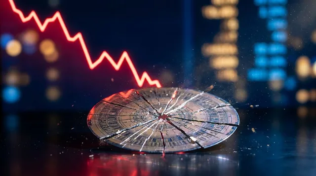 A dramatic downward-trending stock chart rendered in glowing red fills the frame, with a silicon microchip or semiconductor wafer prominently positioned in the foreground, cracking or shattering to symbolize the chip sell-off.