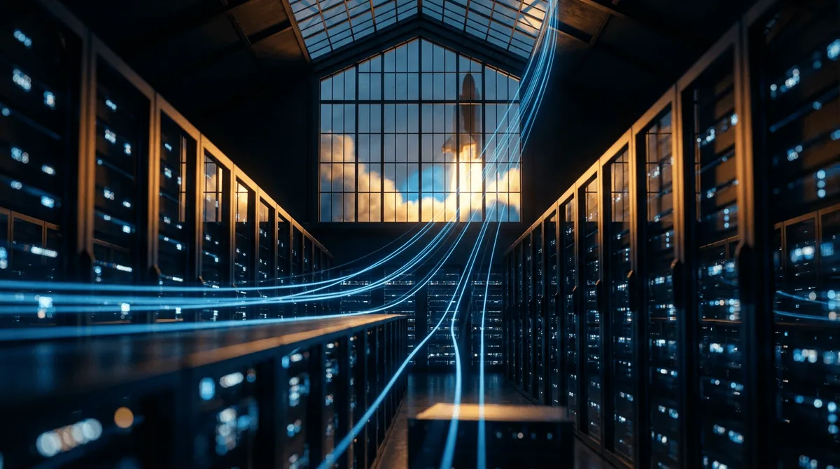 A sprawling data center at night with endless rows of glowing server racks, but with a rocket launch visible through a massive skylight or window in the background, symbolizing the fusion of SpaceX's aerospace identity with AI infrastructur