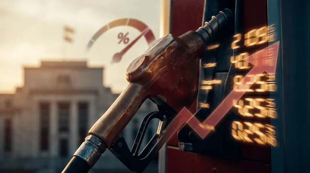 A close-up of a gasoline pump nozzle with digital price numbers ticking rapidly upward, set against a translucent overlay of a rising red arrow chart symbolizing inflation.
