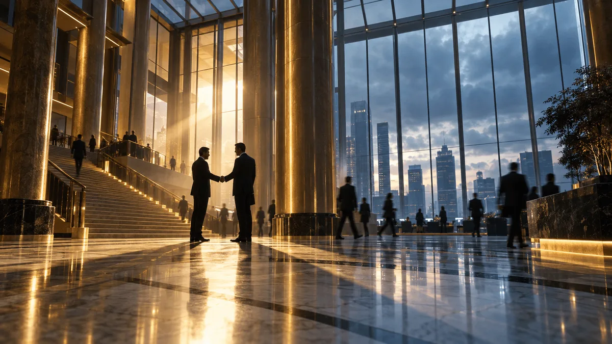 A grand, dusk-lit atrium of a financial skyscraper with marble floors and brass columns, silhouetted figures shaking hands near a staircase in warm light while blurred figures move across a cooler-lit trading floor in the background, symbolizing strong dealmaking and trading activity set against a subdued sky glimpsed through the glass ceiling.
