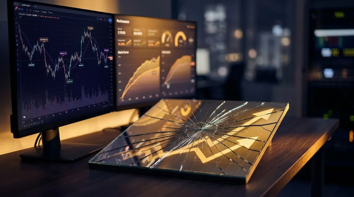 A trader sits at a dual-monitor setup in a dimly lit room, with one screen displaying a detailed historical price chart overlaid with strategy entry and exit markers, and the other showing performance metrics and equity curves.