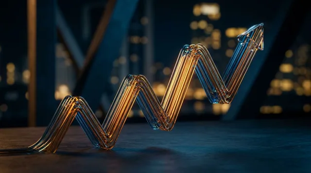 A dynamic stock chart fills the frame, displaying a clearly labeled five-wave impulse pattern with an upward zigzag movement rendered in bold, glowing lines against a dark background.