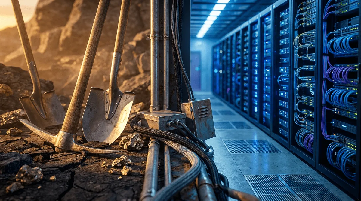 A dramatic split-scene image showing gleaming gold mining picks and shovels in the foreground, transitioning into a glowing, futuristic AI data center filled with blue-lit server racks and dense cable infrastructure in the background.