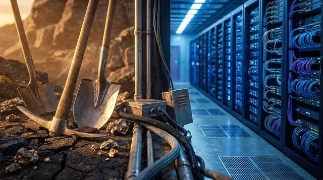 A dramatic split-scene image showing gleaming gold mining picks and shovels in the foreground, transitioning into a glowing, futuristic AI data center filled with blue-lit server racks and dense cable infrastructure in the background.