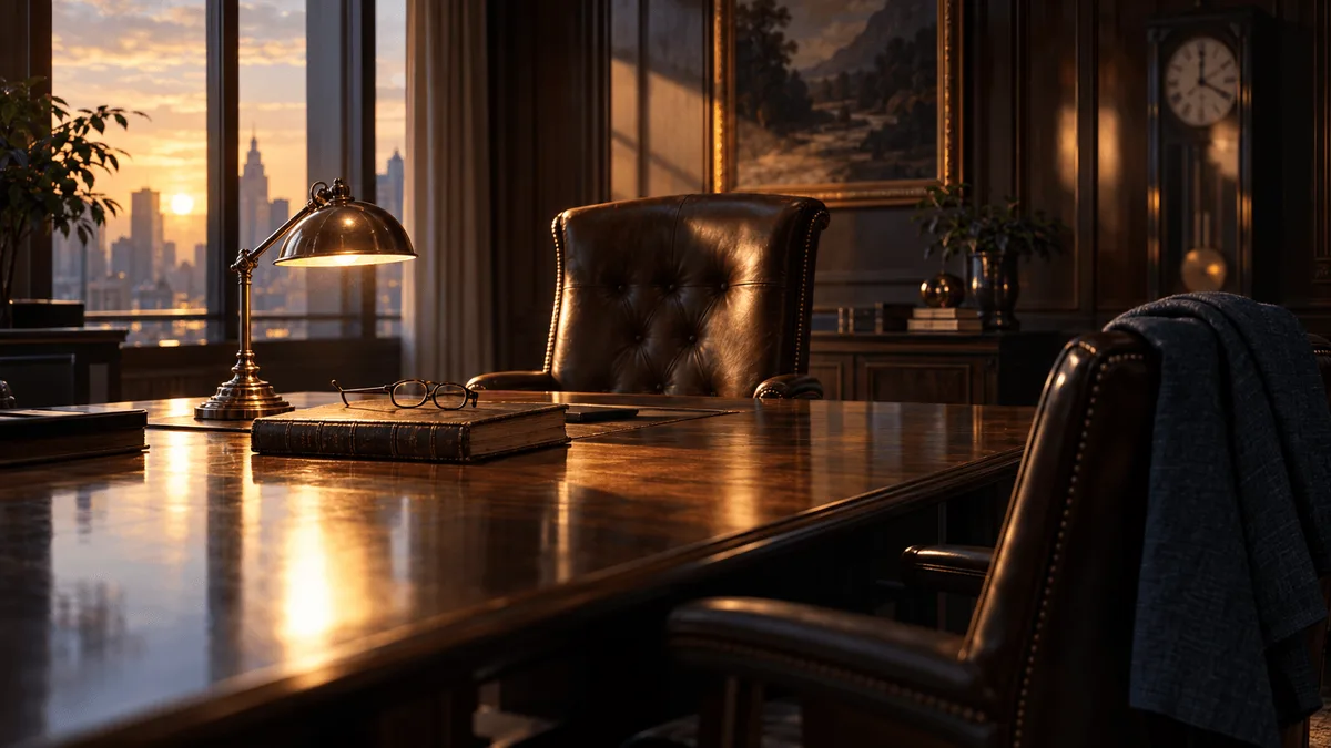 An empty leather executive chair at the head of a polished boardroom table, lit by a warm shaft of light beside an old ledger and reading glasses, with a second chair and draped blazer nearby, symbolizing a leadership handoff.