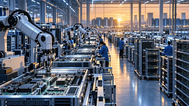 Elevated view inside a large electronics manufacturing facility with rows of server racks and robotic arms assembling circuit boards, with a hazy data-center skyline visible through windows in the background.