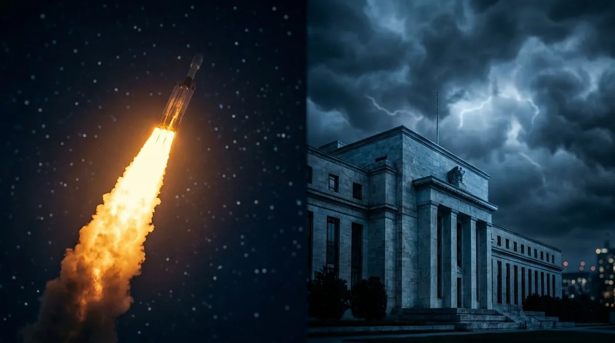 A dramatic split-scene image showing a SpaceX rocket blazing upward through a starlit sky on one side, while on the other side a Federal Reserve building or financial district skyline looms under stormy, tension-filled clouds.