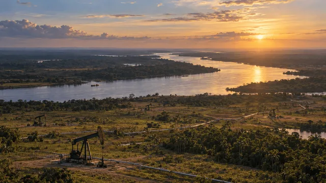 Aerial view of a river winding through the Orinoco Belt basin with scattered oil wellheads and pipelines under a hazy golden sky.