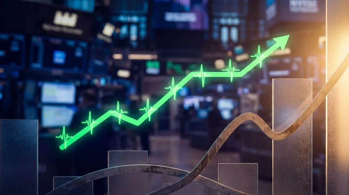 A bold upward-trending green stock chart line cuts diagonally across a dark financial background, with eight glowing checkmarks or milestone markers along its path representing each consecutive winning week.