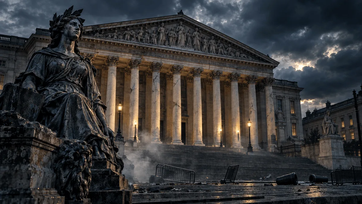 A grand, weathered French government building at dusk under a stormy sky, with cracked columns, lingering smoke, and scattered barricades suggesting recent unrest and political strain.