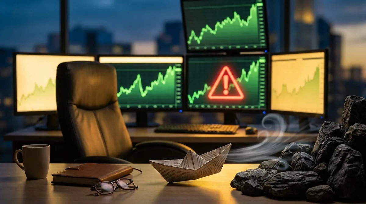 A trader sits confidently at a desk with multiple screens showing stock charts, but one screen prominently displays a warning signal or red flag being ignored amid a sea of green upward-trending lines. The scene conveys the danger of overconfidence, with the warm glow of bullish charts casting an almost intoxicating light that obscures the trader's judgment. A subtle visual metaphor of a strong wind (tailwind) pushing a small paper boat toward rocky waters reinforces the idea that favorable cond