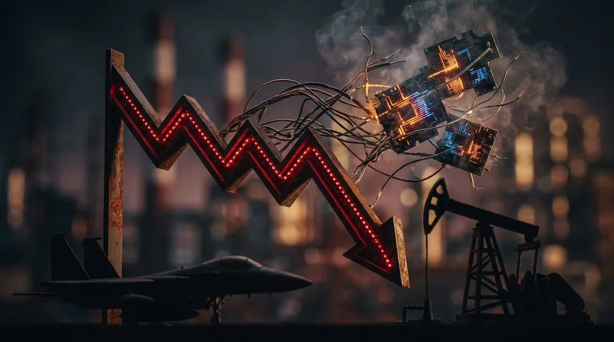 A dramatic downward-trending stock chart rendered in deep red fills the frame, with glowing circuit board patterns and AI chip imagery dissolving and fragmenting in the background, visually representing the tech sector collapse.
