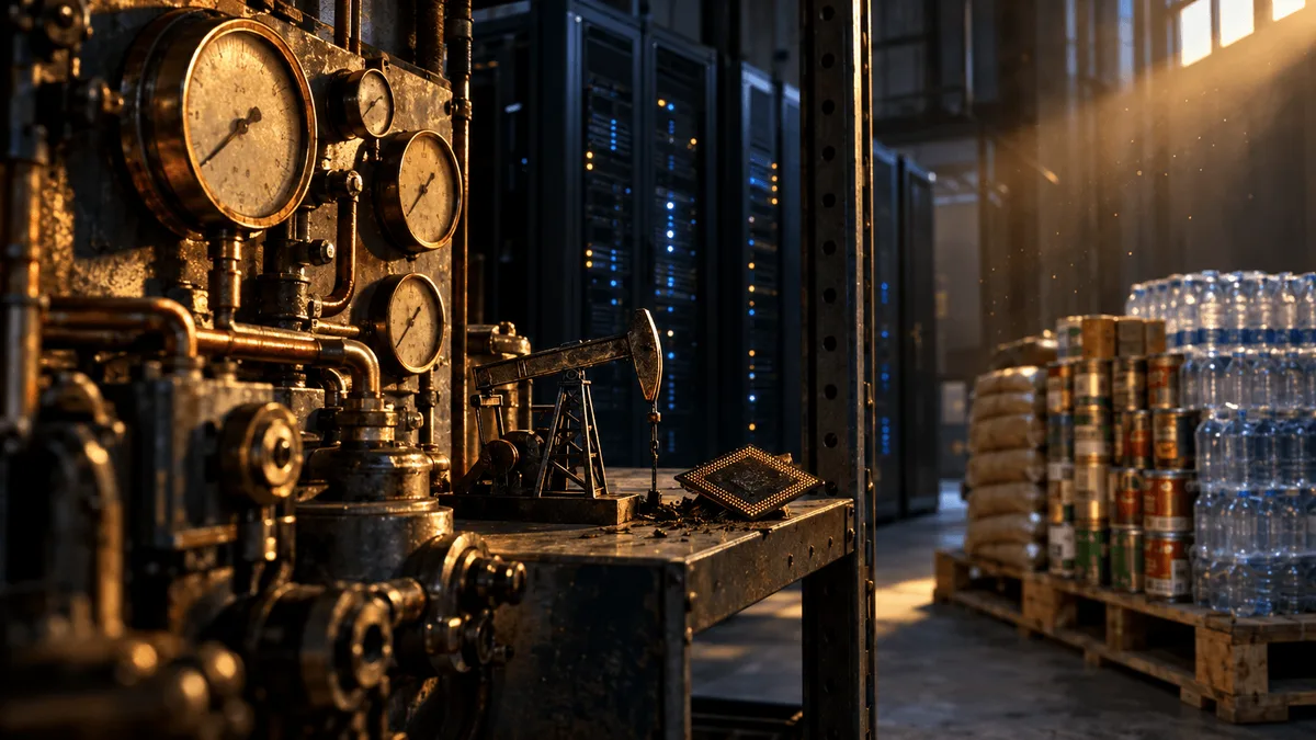 A weathered industrial switchboard with brass gauges and copper piping sits bathed in warm amber light, contrasting against a sleek, darkened server rack cooling in the shadows behind it.