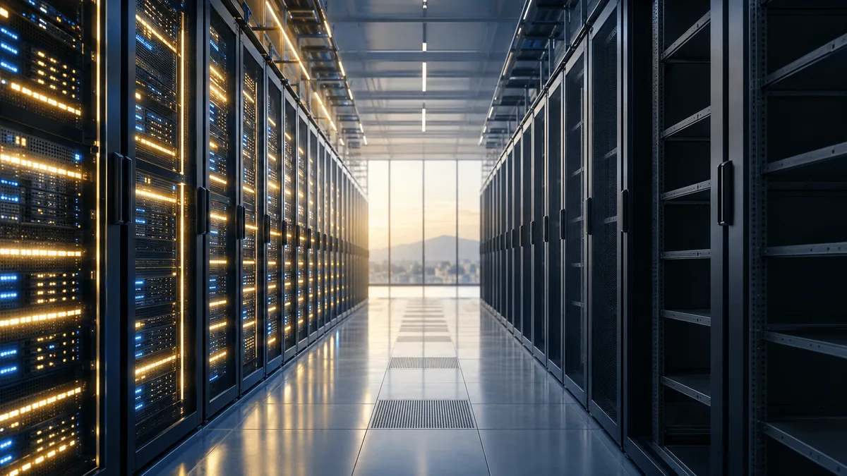 Server racks in an AI data center with contrasting signals of rapid expansion and uncertainty about future capacity and valuation.