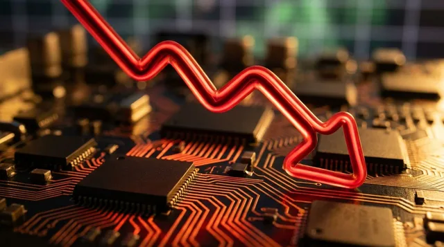 A dramatic downward-plunging red arrow or graph line cuts across a dark background filled with glowing semiconductor chips and circuit board patterns, symbolizing the tech sector's sharp decline.