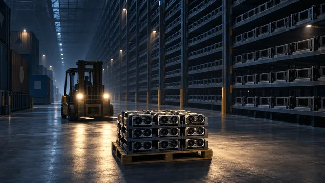 A small illuminated pallet of graphics cards sits in a vast, mostly empty warehouse of towering steel racks, with a forklift approaching, symbolizing a huge supply shortfall against massive demand.